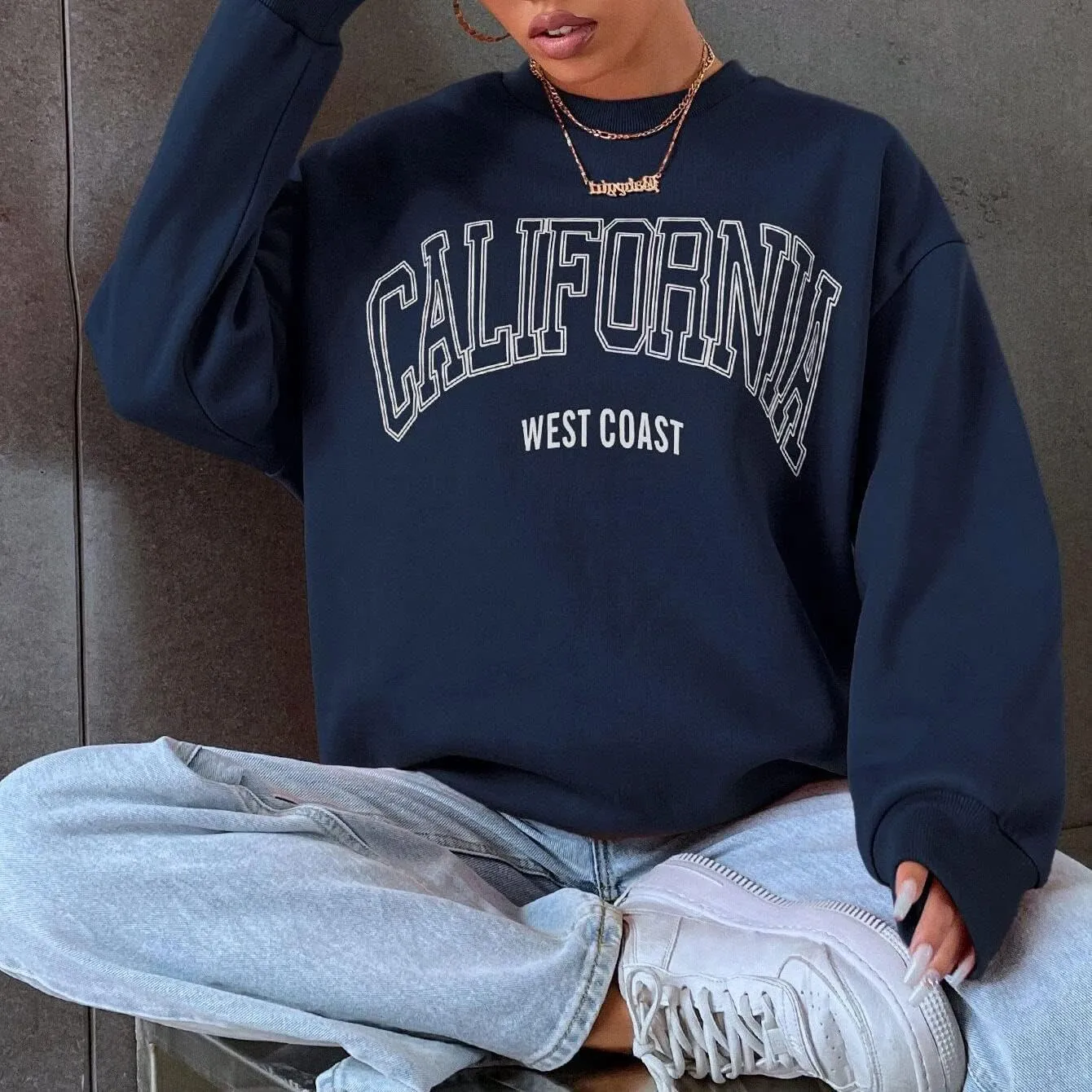 Women Oversized California Letter Graphic Fleece Sweatshirt Long Sleeve Crewneck Drop Shoulder Pullover Jumper