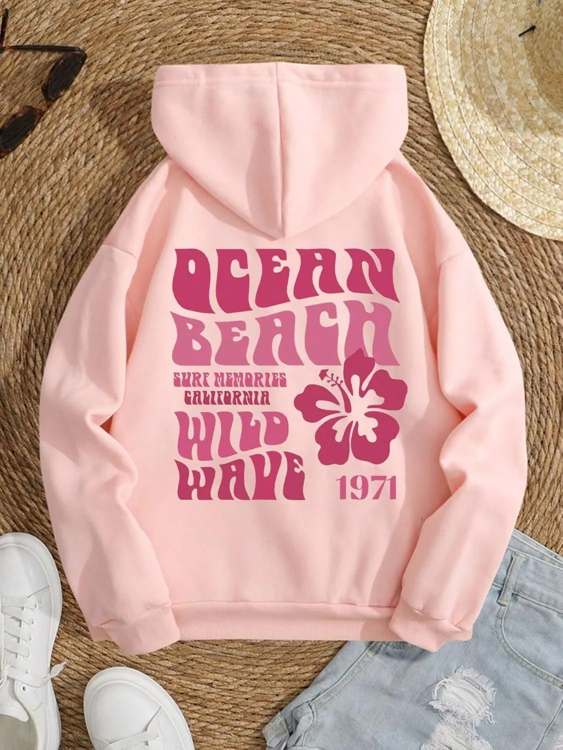 Women Oversized Letter Graphic Print Hoodie Casual Baggy Long Sleeve Drop Shoulder Pullover Hooded with Pockets