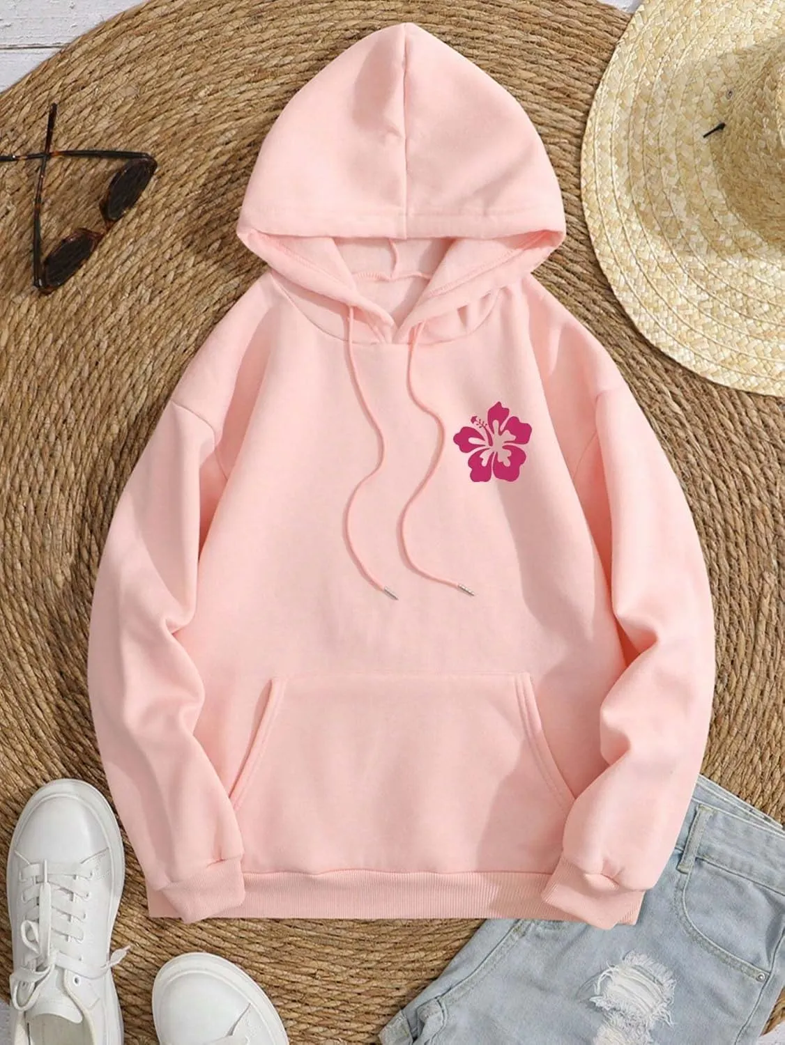Women Oversized Letter Graphic Print Hoodie Casual Baggy Long Sleeve Drop Shoulder Pullover Hooded with Pockets