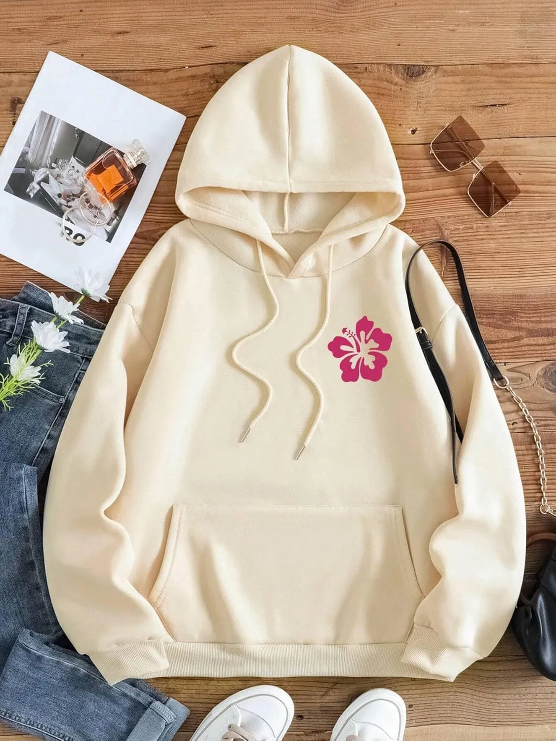 Women Oversized Letter Graphic Print Hoodie Casual Baggy Long Sleeve Drop Shoulder Pullover Hooded with Pockets