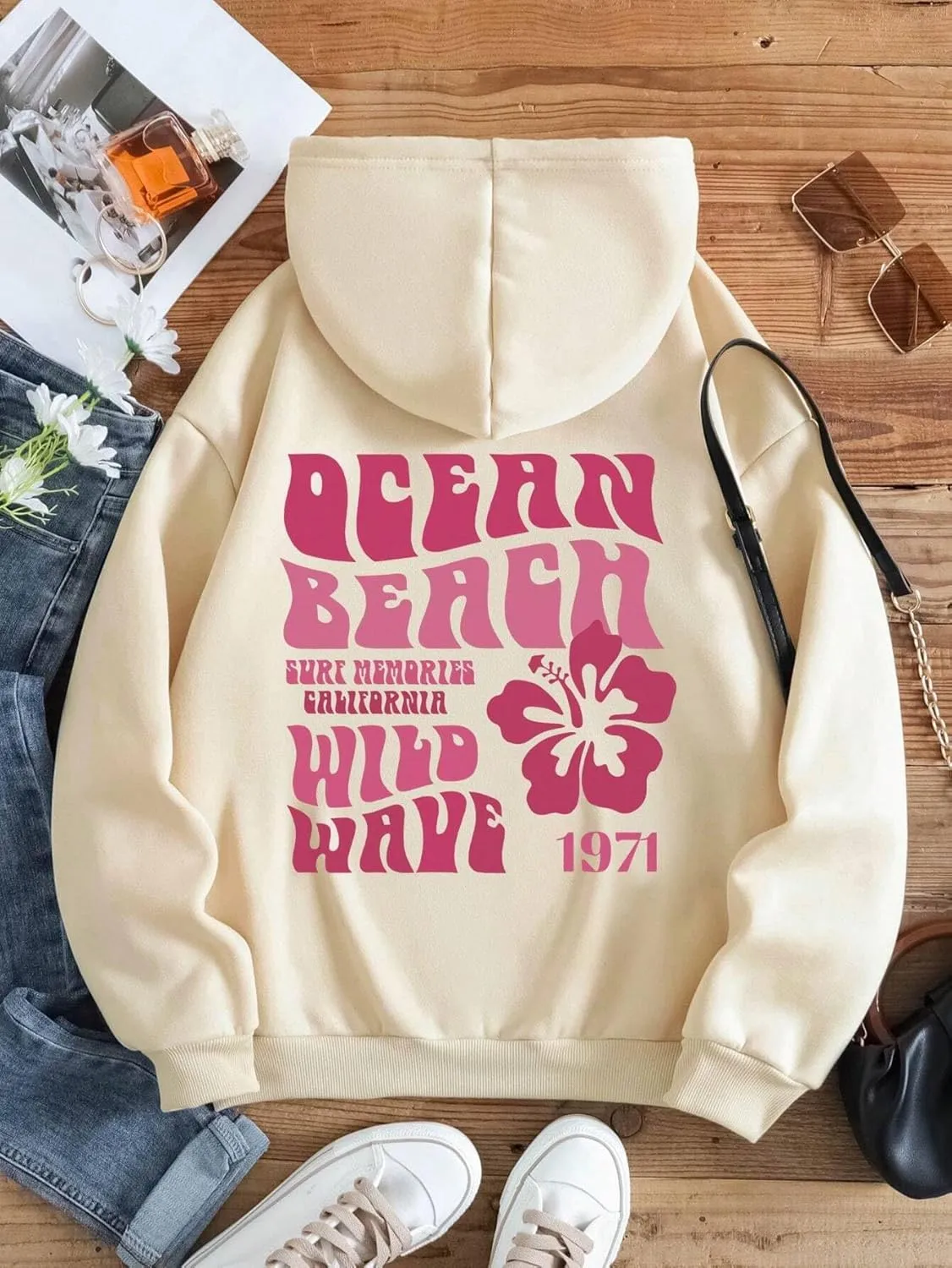 Women Oversized Letter Graphic Print Hoodie Casual Baggy Long Sleeve Drop Shoulder Pullover Hooded with Pockets