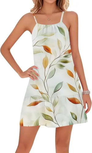 Women Summer Dresses Crewneck Sleeveless Adjustable Spaghetti Strap Beach Cover Ups Boho Backless Mini Sundress