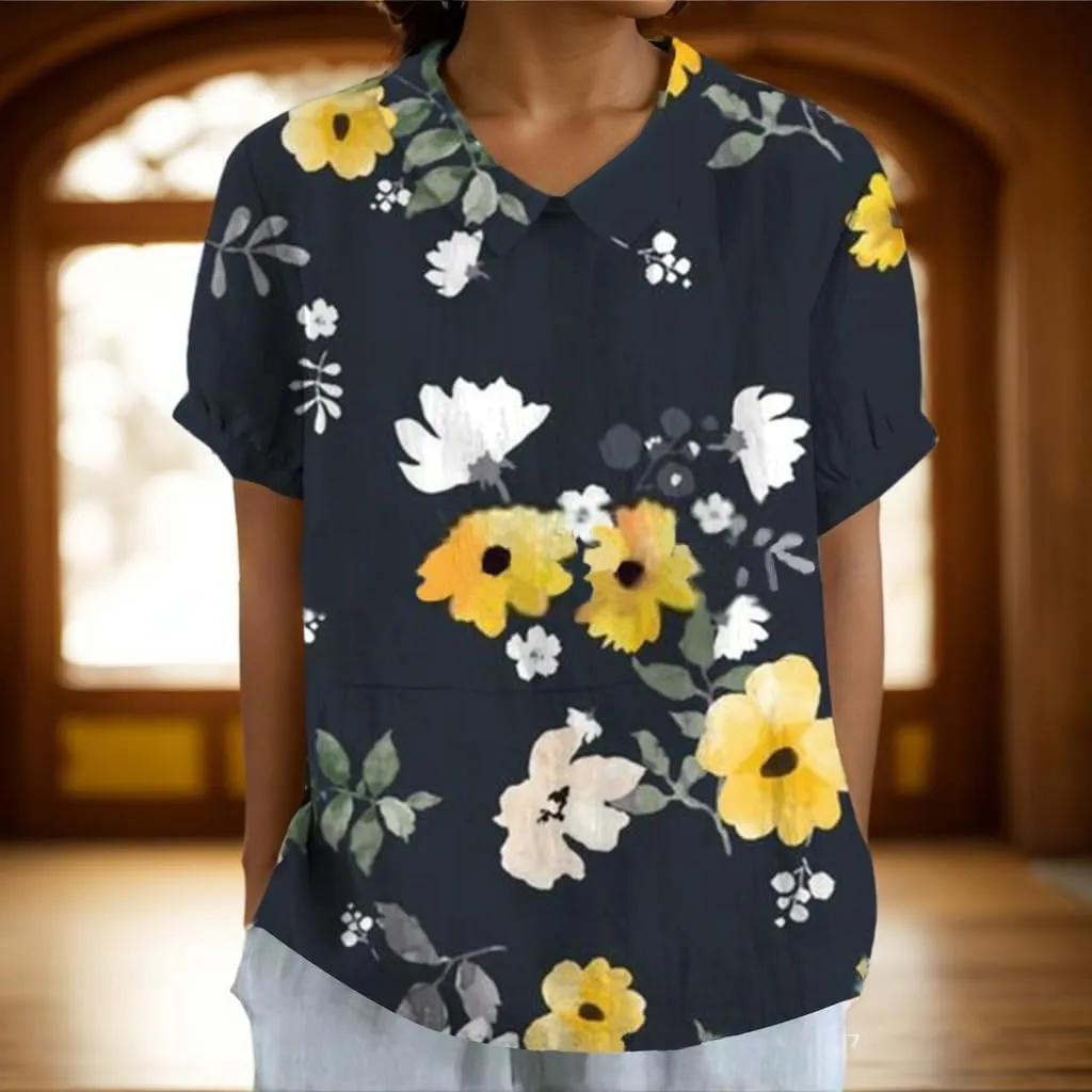 Women Summer Floral Print Cotton Linen Top Casual Boho Short Sleeve Crewneck T Shirt Loose Dressy Blouse Tunic 2025