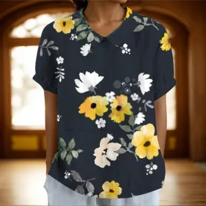 Women Summer Floral Print Cotton Linen Top Casual Boho Short Sleeve Crewneck T Shirt Loose Dressy Blouse Tunic 2025