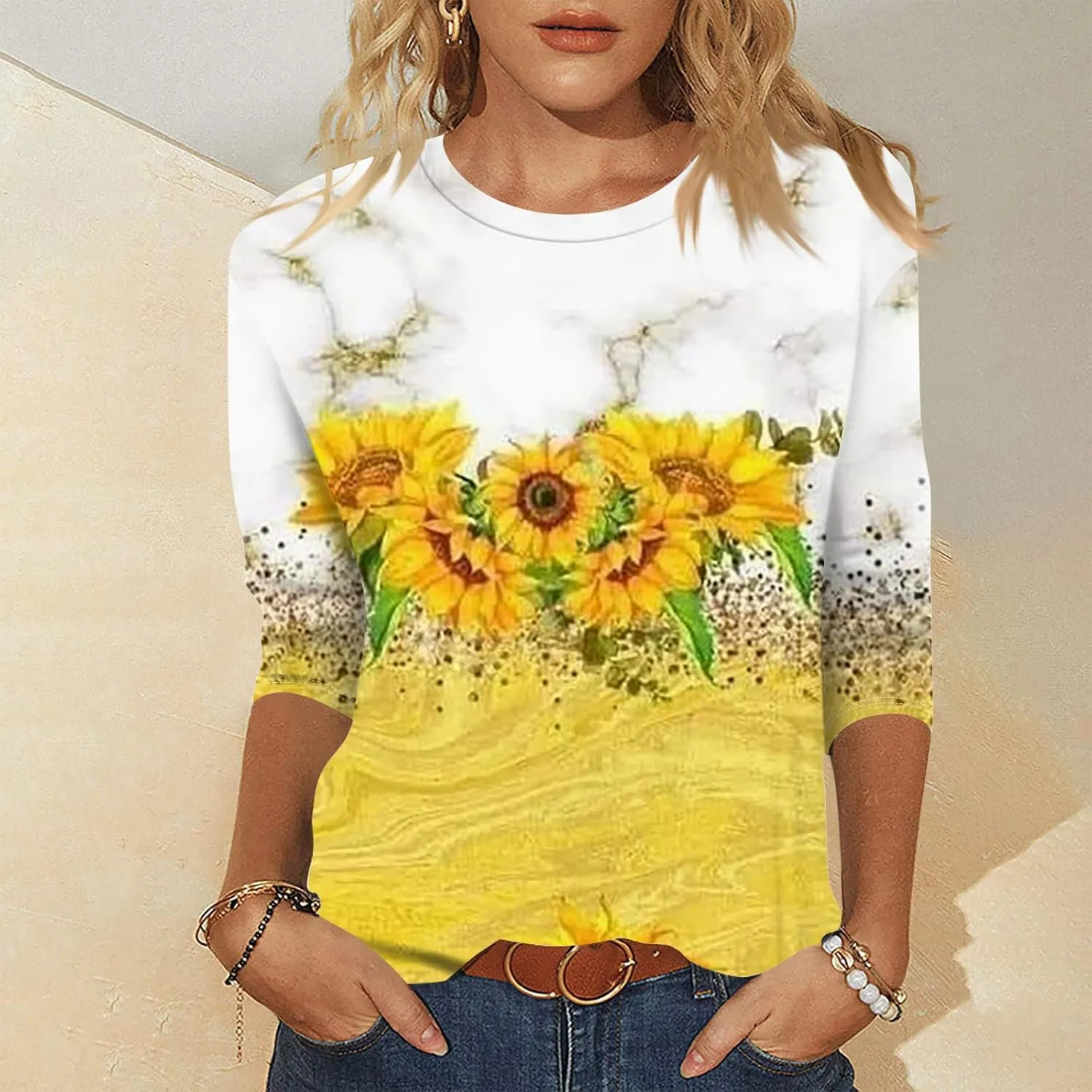 Women Tops Women's Casual 3/4 Length Sleeve Tunic Tops Casual Sunflower Print Loose Blouse Shirts with Leggings