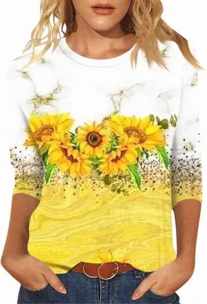 Women Tops Women's Casual 3/4 Length Sleeve Tunic Tops Casual Sunflower Print Loose Blouse Shirts with Leggings