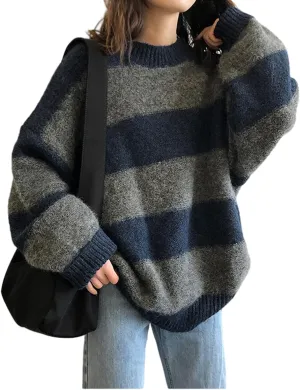 Women Vintage Striped Sweater Knitted Long Sleeve Loose Oversized Pullover Jumper Tops