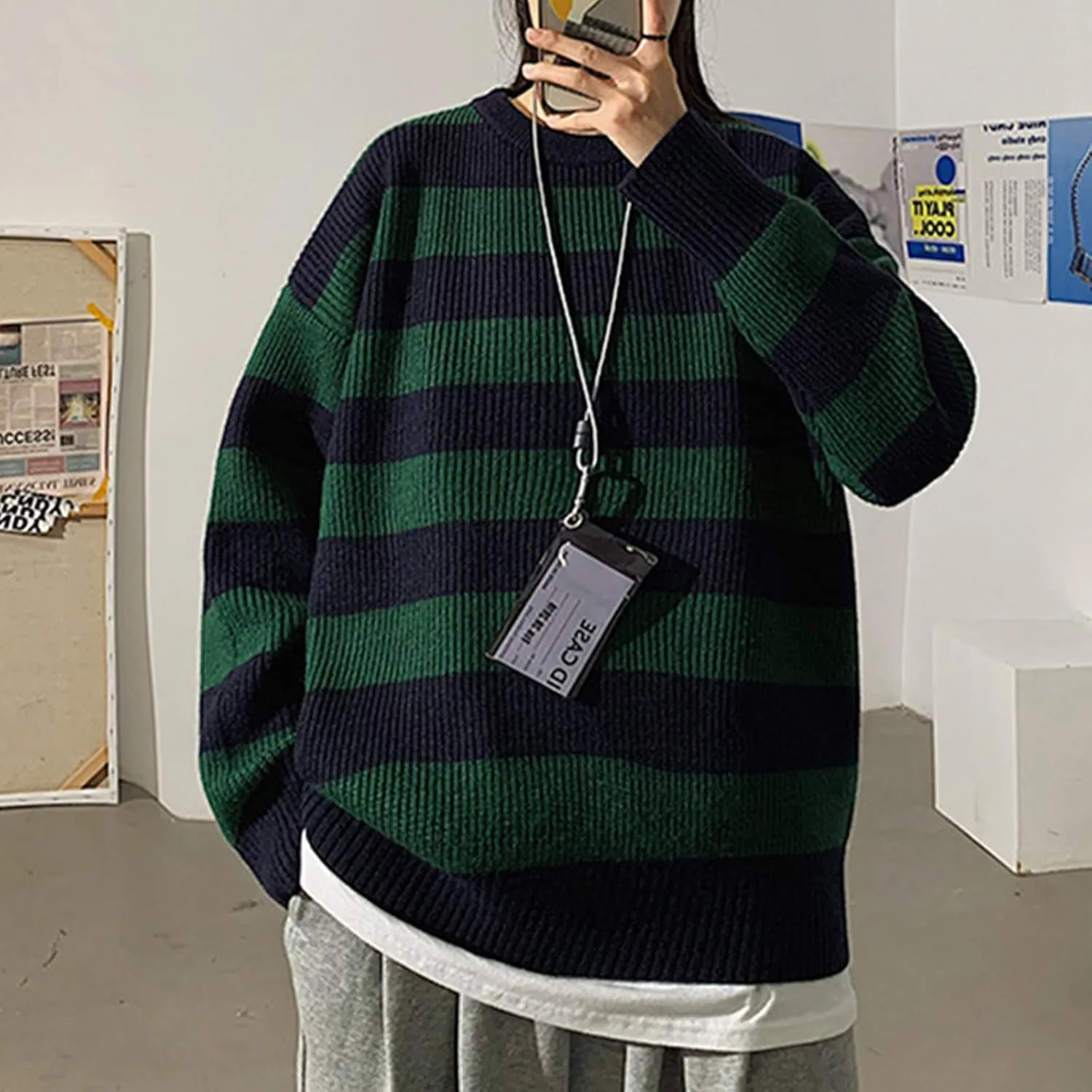 Women Vintage Striped Sweater Knitted Long Sleeve Loose Oversized Pullover Jumper Tops