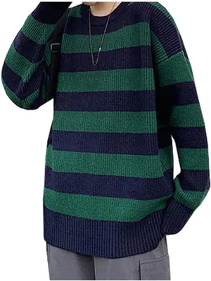 Women Vintage Striped Sweater Knitted Long Sleeve Loose Oversized Pullover Jumper Tops