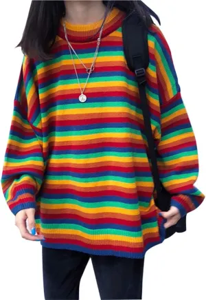 Women Vintage Striped Sweater Knitted Long Sleeve Loose Oversized Pullover Jumper Tops
