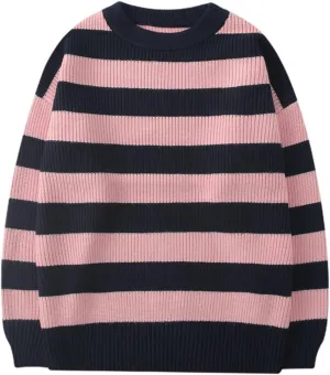 Women Vintage Striped Sweater Knitted Long Sleeve Loose Oversized Pullover Jumper Tops