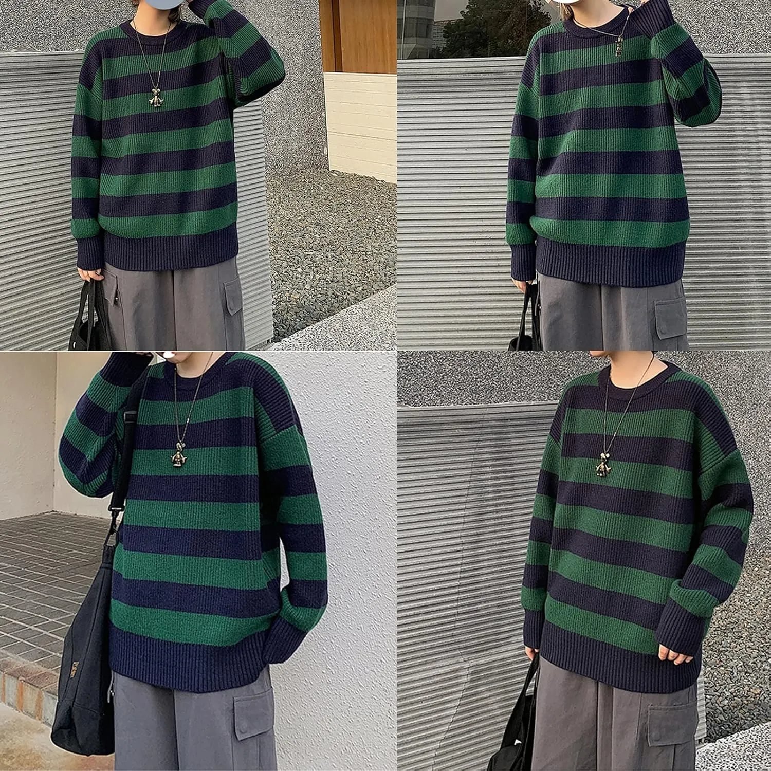Women Vintage Striped Sweater Knitted Long Sleeve Loose Oversized Pullover Jumper Tops