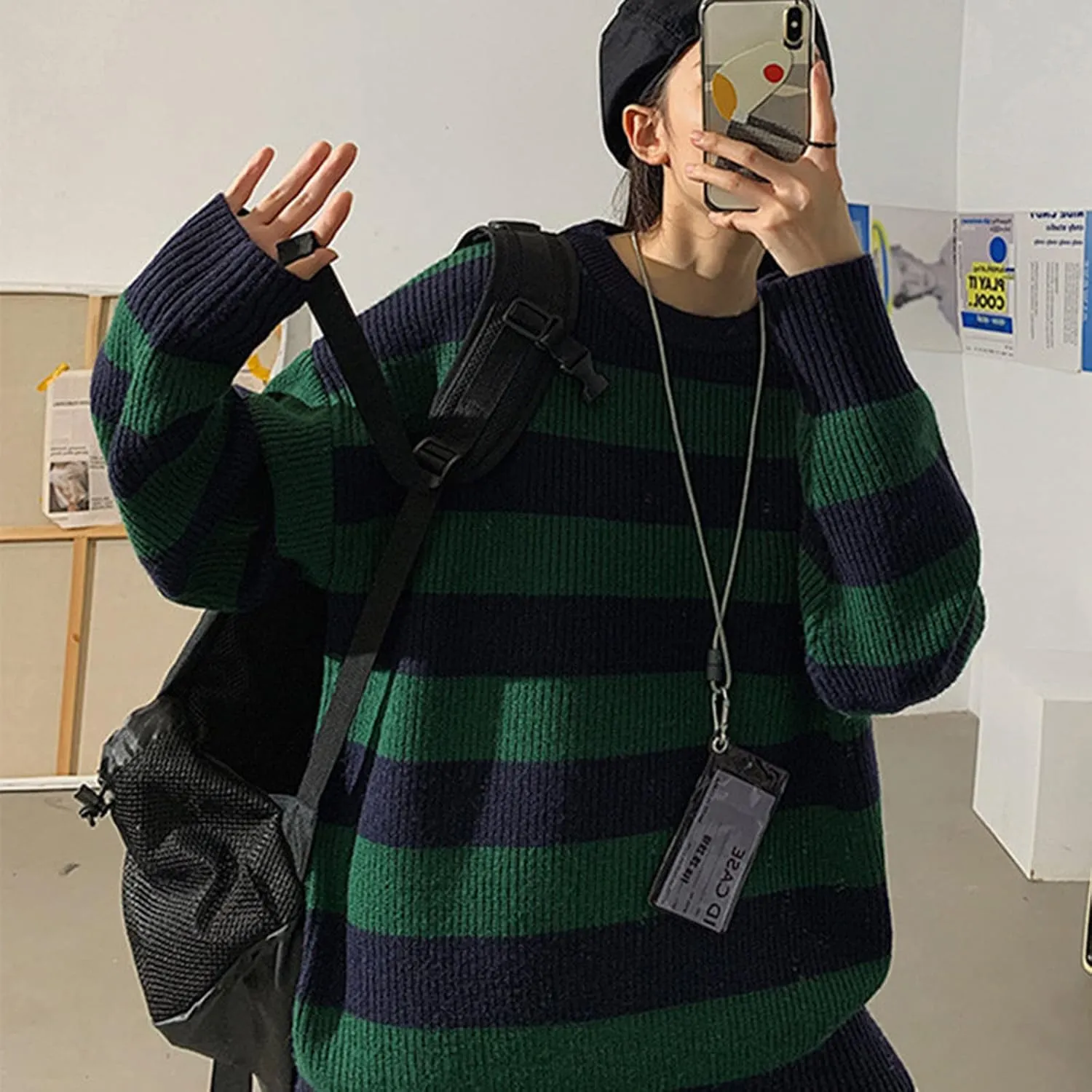 Women Vintage Striped Sweater Knitted Long Sleeve Loose Oversized Pullover Jumper Tops