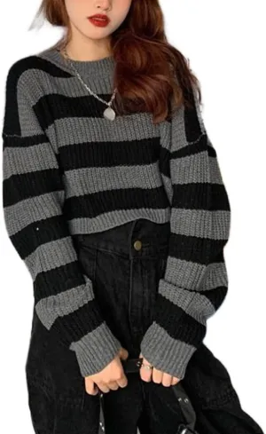 Women Vintage Striped Sweater Knitted Long Sleeve Loose Oversized Pullover Jumper Tops