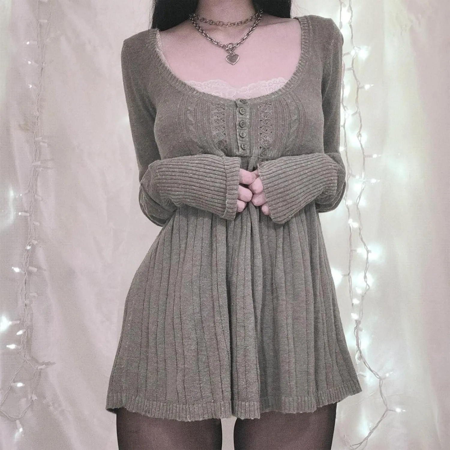 Women Y2K Babydoll Sweater Flare Hem Fairycore Shirt Blouse Long Sleeve Scoop Neck Sweet Cute Knit Top 2000s