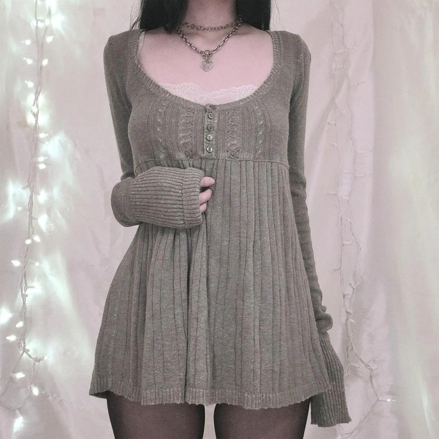 Women Y2K Babydoll Sweater Flare Hem Fairycore Shirt Blouse Long Sleeve Scoop Neck Sweet Cute Knit Top 2000s