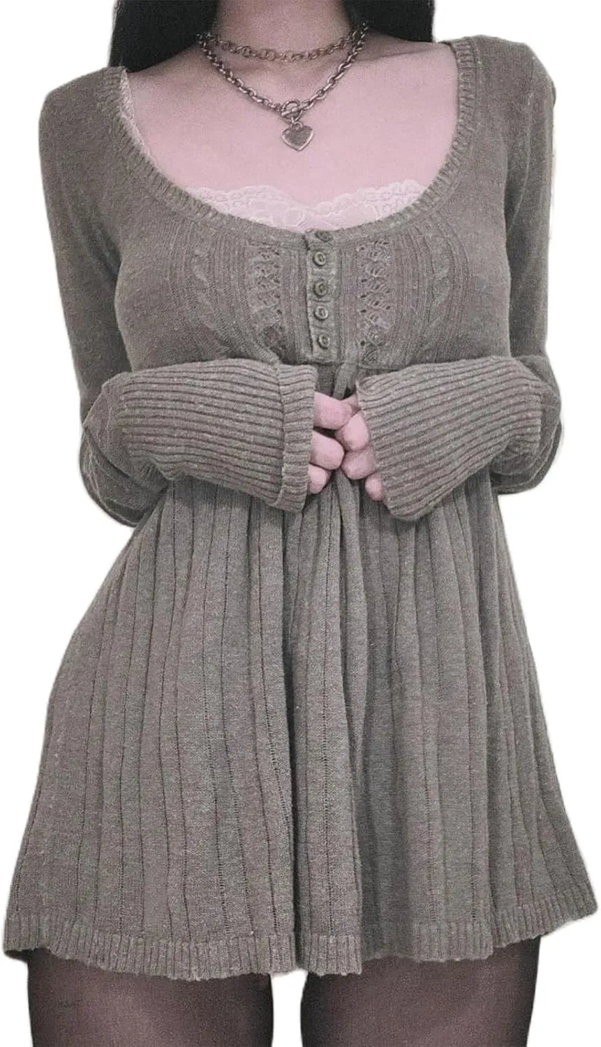Women Y2K Babydoll Sweater Flare Hem Fairycore Shirt Blouse Long Sleeve Scoop Neck Sweet Cute Knit Top 2000s