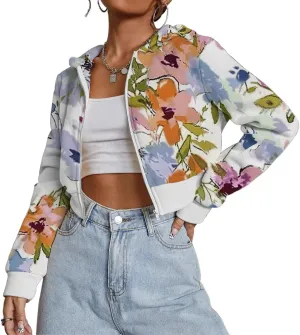 Women Y2k Maple Leaf Camo Zip Up Crop Hoodie Jacket Floral Print Fleece Hooded Sweatshirts Jumper Fall Workout