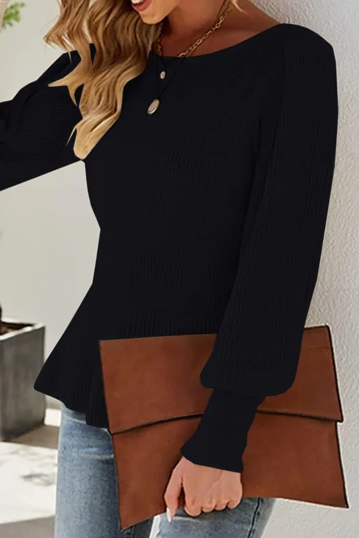 Womens 2024 Fall Puff Sleeve Peplum Casual Slim Fit Knit Pullover Sweater Jumper Tops