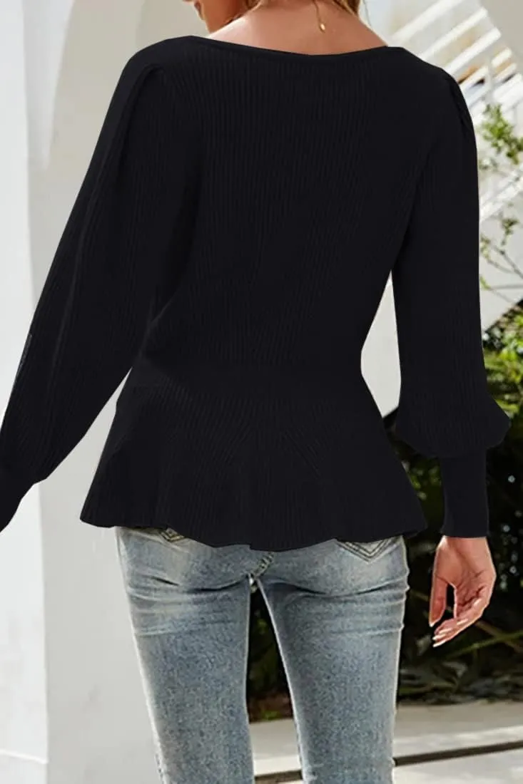 Womens 2024 Fall Puff Sleeve Peplum Casual Slim Fit Knit Pullover Sweater Jumper Tops