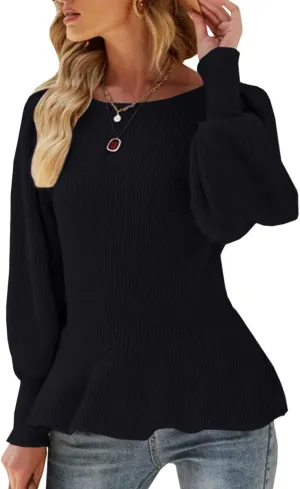 Womens 2024 Fall Puff Sleeve Peplum Casual Slim Fit Knit Pullover Sweater Jumper Tops