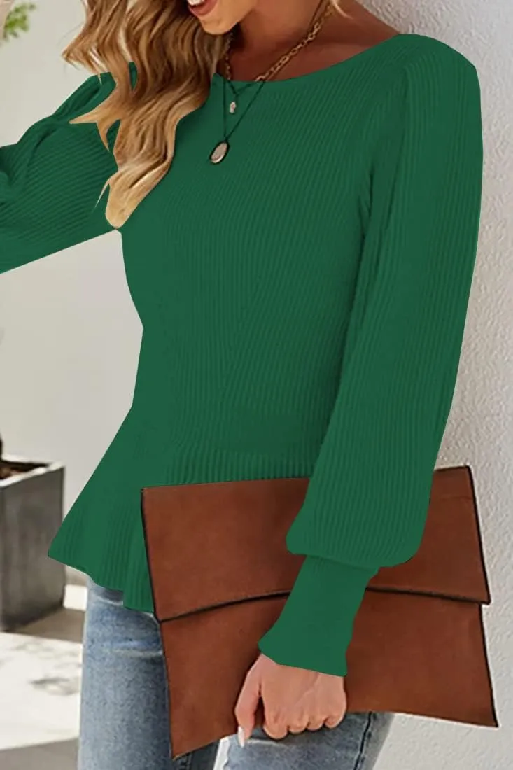 Womens 2024 Fall Puff Sleeve Peplum Casual Slim Fit Knit Pullover Sweater Jumper Tops