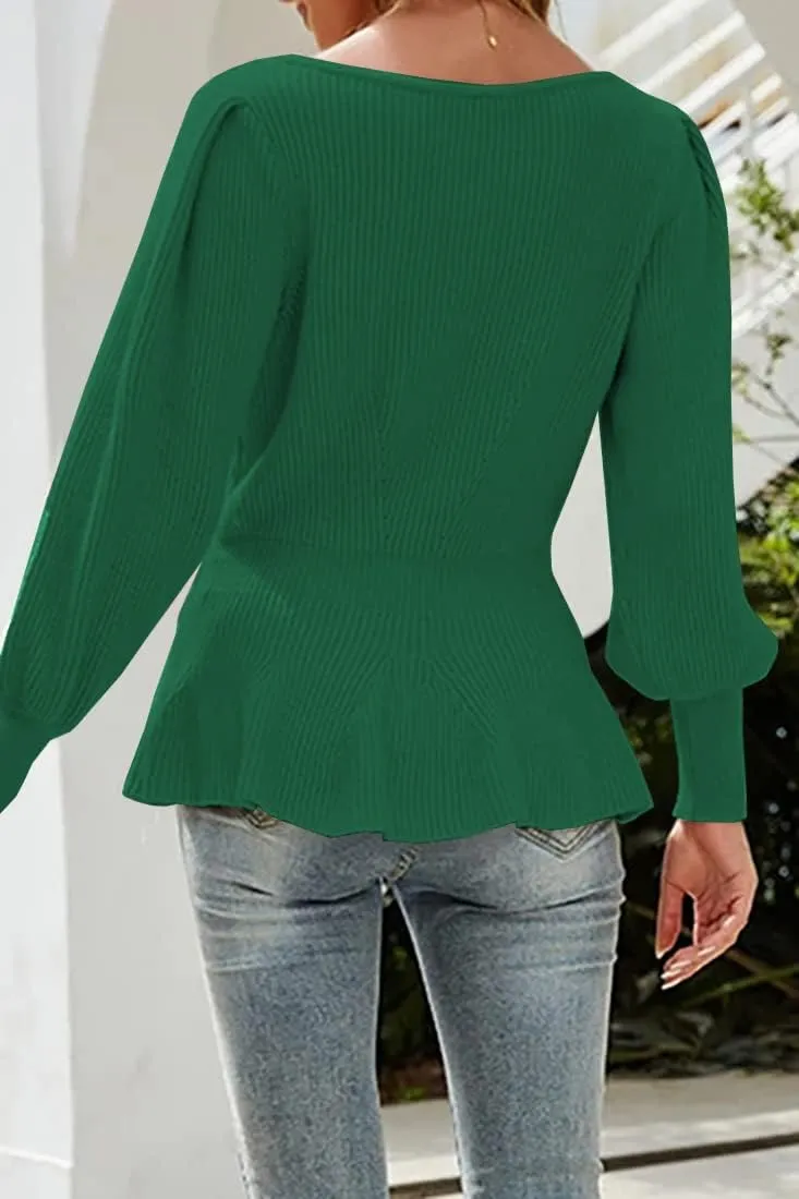 Womens 2024 Fall Puff Sleeve Peplum Casual Slim Fit Knit Pullover Sweater Jumper Tops