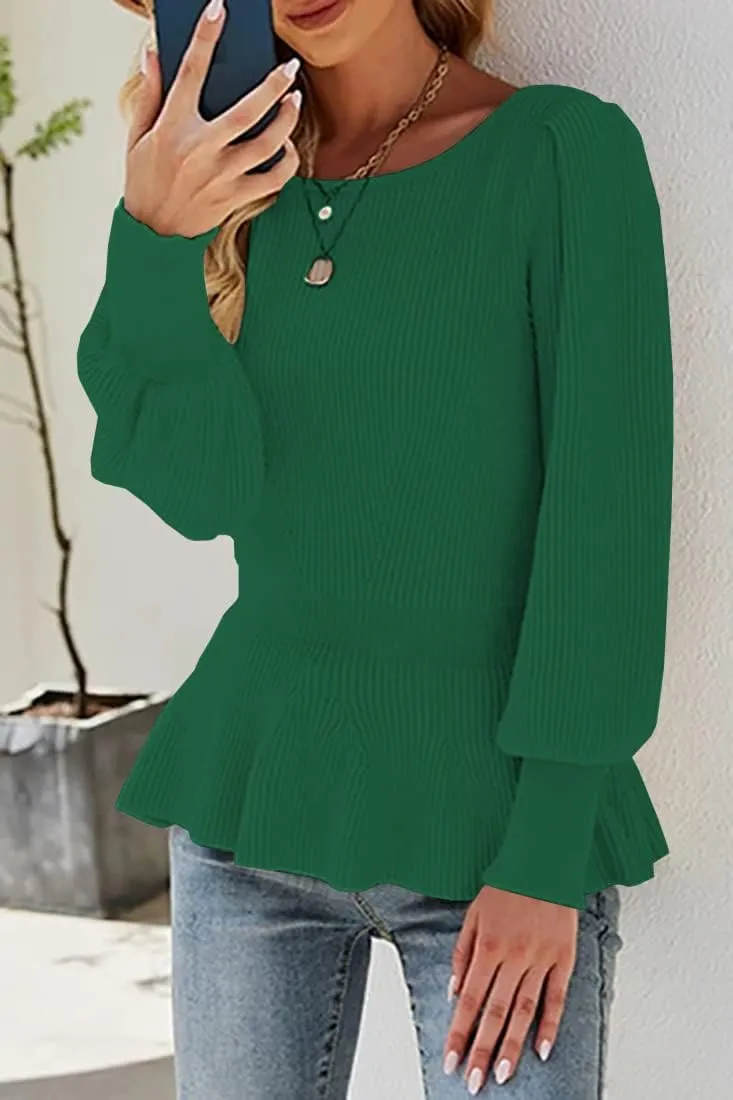 Womens 2024 Fall Puff Sleeve Peplum Casual Slim Fit Knit Pullover Sweater Jumper Tops