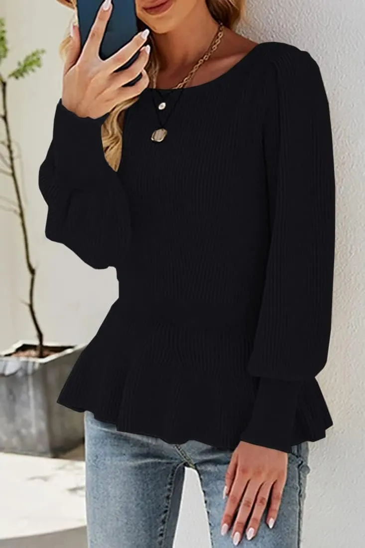 Womens 2024 Fall Puff Sleeve Peplum Casual Slim Fit Knit Pullover Sweater Jumper Tops