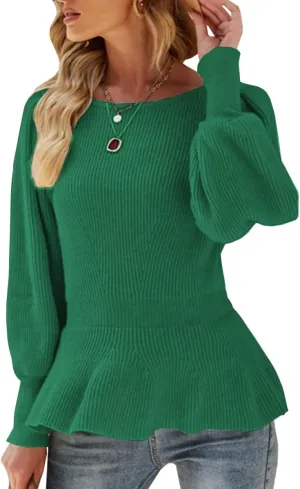 Womens 2024 Fall Puff Sleeve Peplum Casual Slim Fit Knit Pullover Sweater Jumper Tops