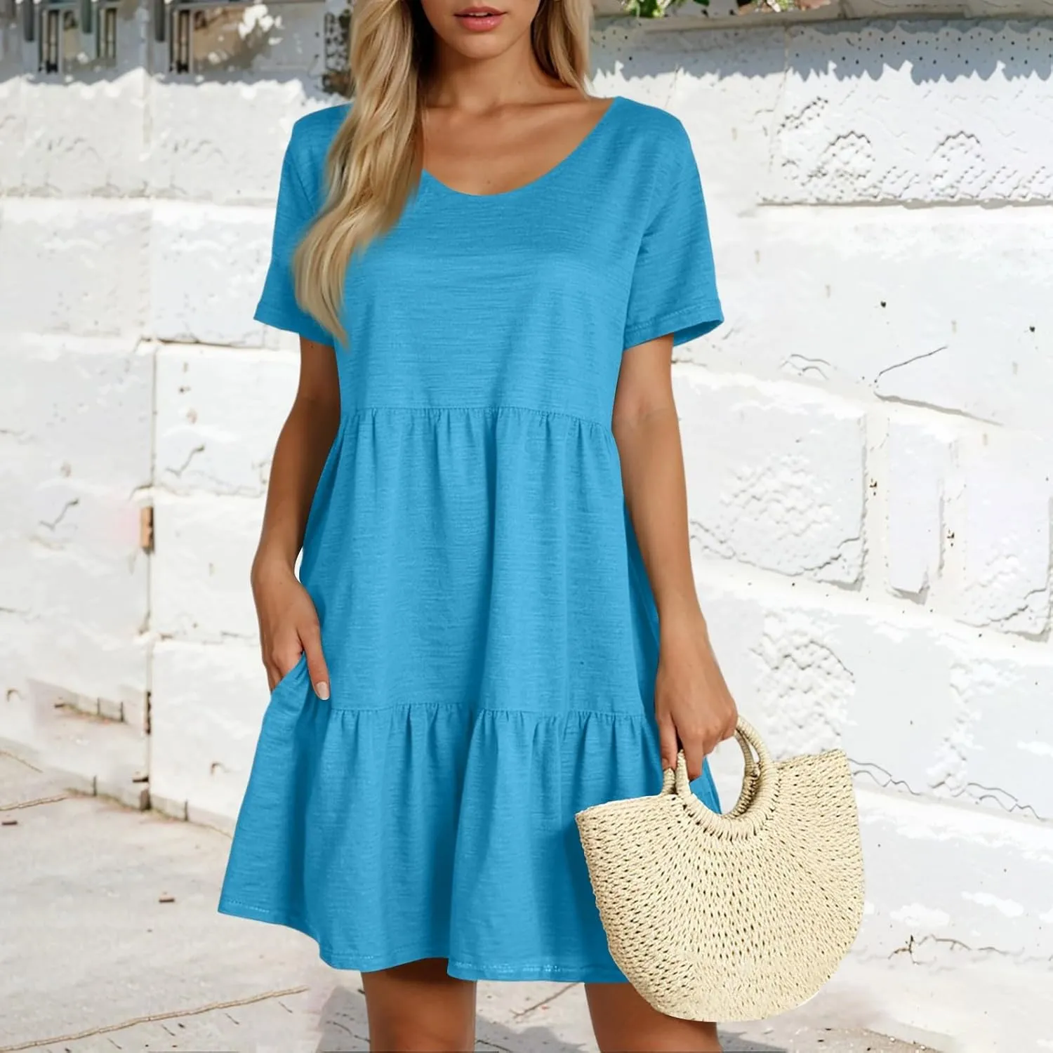 Women's 2025 Casual Loose Plain Midi Sundress Beach Vacation Short Sleeve Summer Beach Tiered Party Dresses