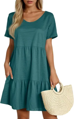 Women's 2025 Casual Loose Plain Midi Sundress Beach Vacation Short Sleeve Summer Beach Tiered Party Dresses