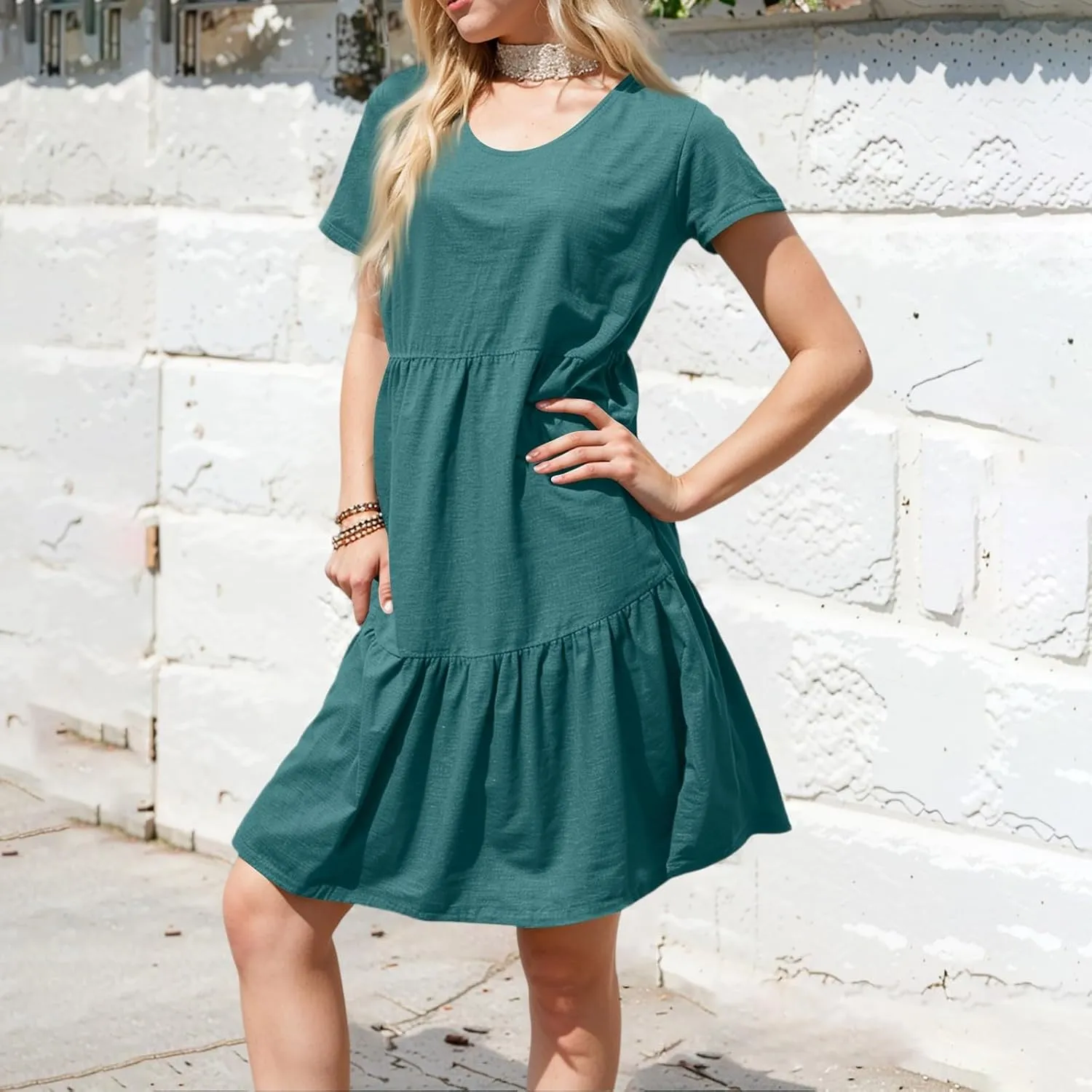 Women's 2025 Casual Loose Plain Midi Sundress Beach Vacation Short Sleeve Summer Beach Tiered Party Dresses