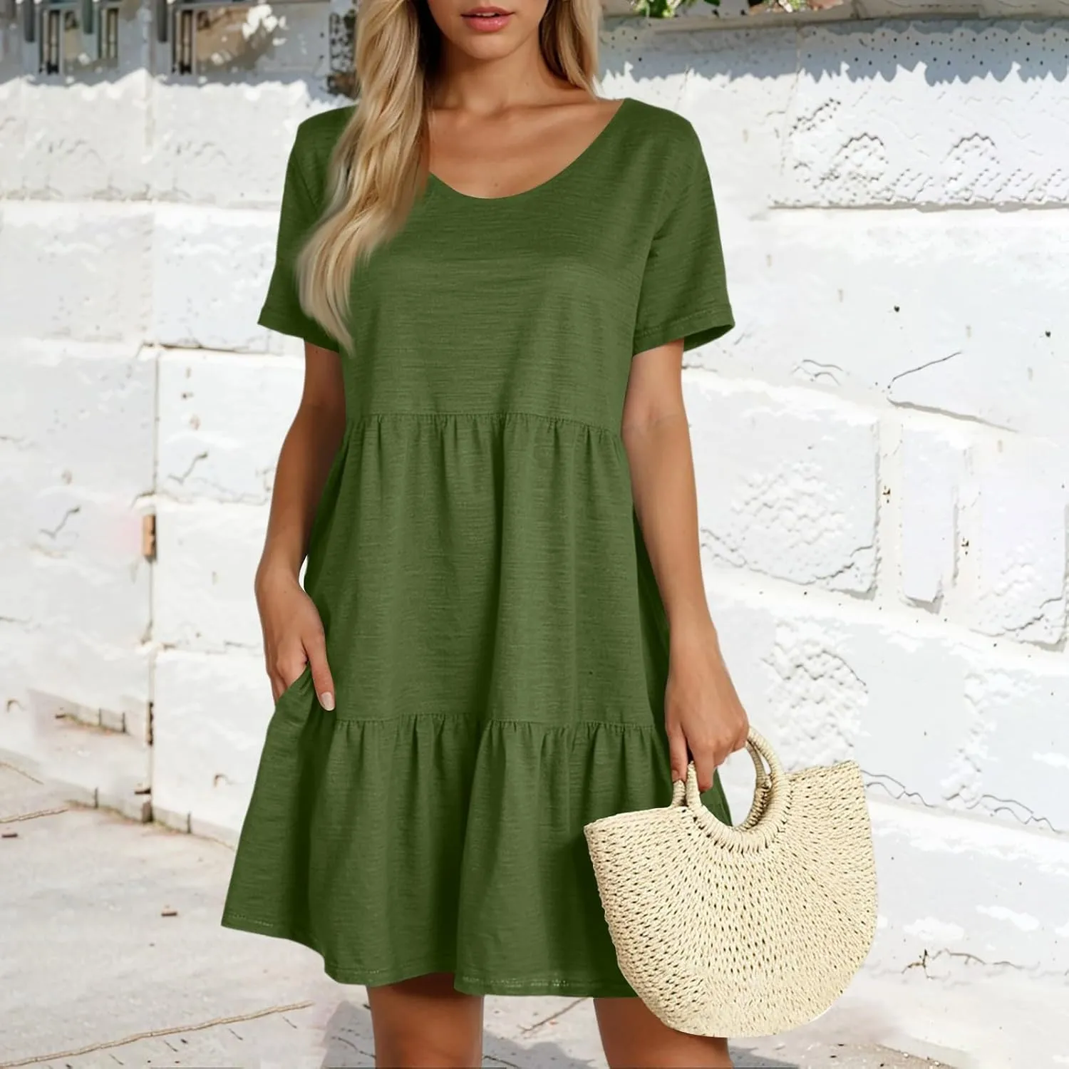 Women's 2025 Casual Loose Plain Midi Sundress Beach Vacation Short Sleeve Summer Beach Tiered Party Dresses