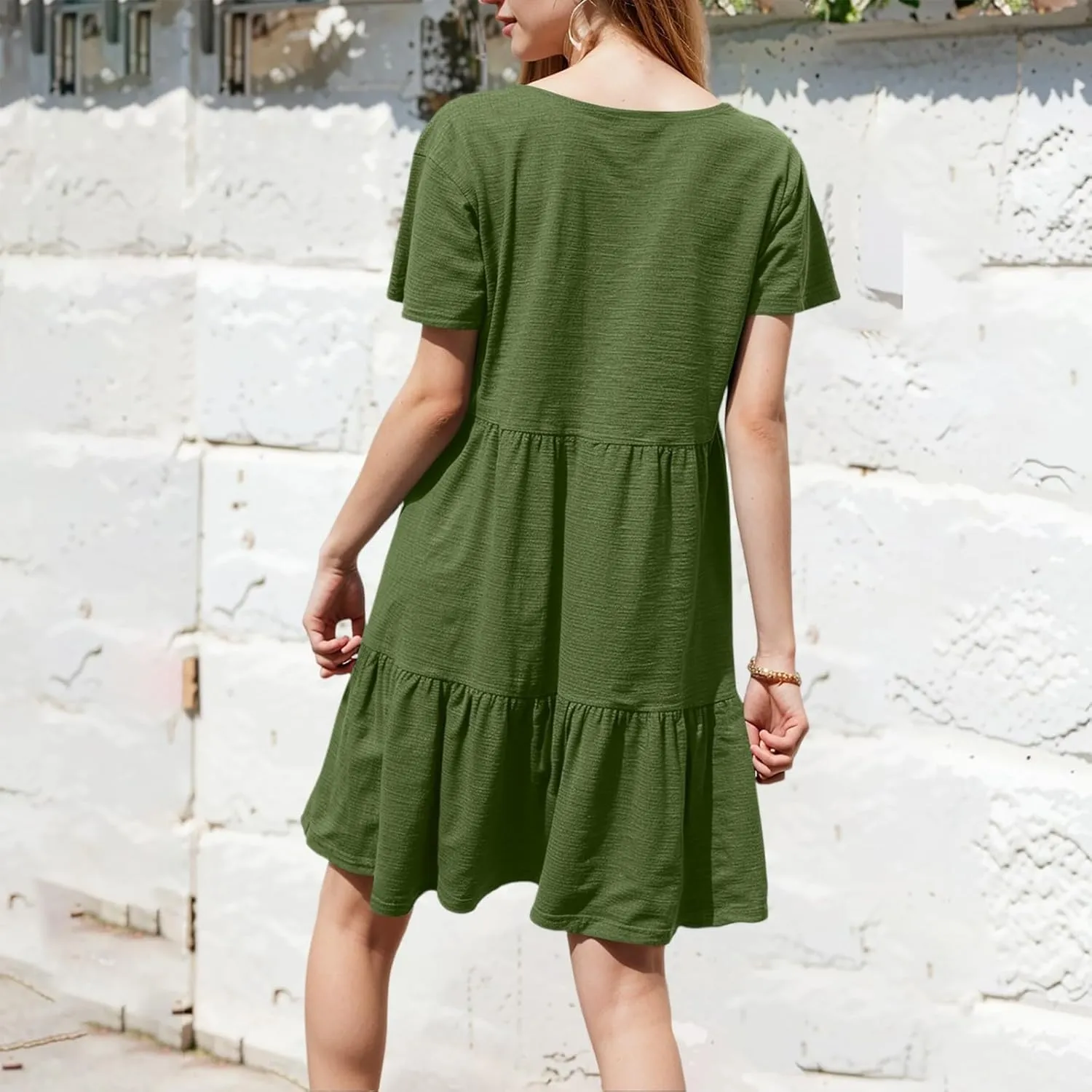 Women's 2025 Casual Loose Plain Midi Sundress Beach Vacation Short Sleeve Summer Beach Tiered Party Dresses