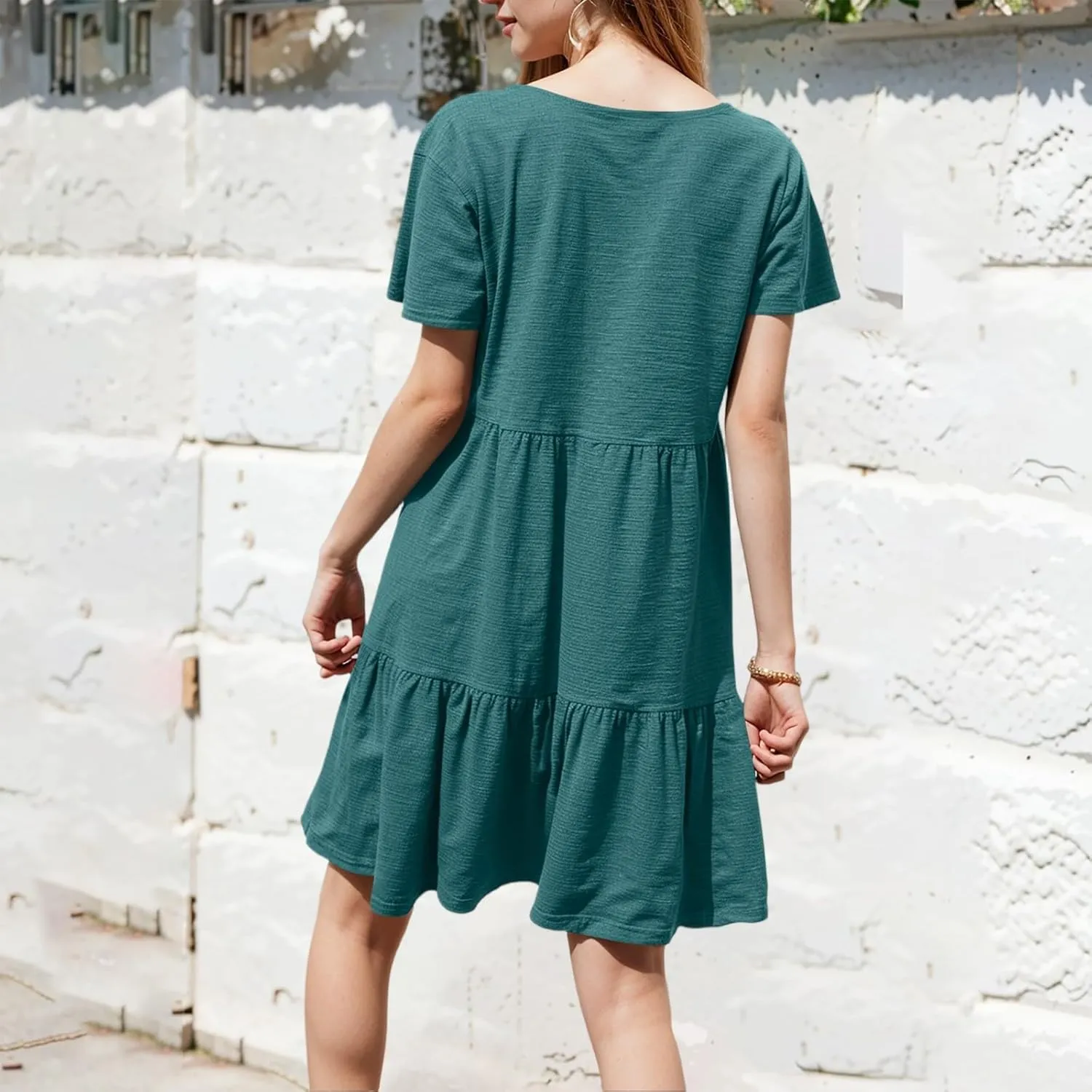 Women's 2025 Casual Loose Plain Midi Sundress Beach Vacation Short Sleeve Summer Beach Tiered Party Dresses