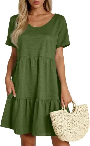 Women's 2025 Casual Loose Plain Midi Sundress Beach Vacation Short Sleeve Summer Beach Tiered Party Dresses