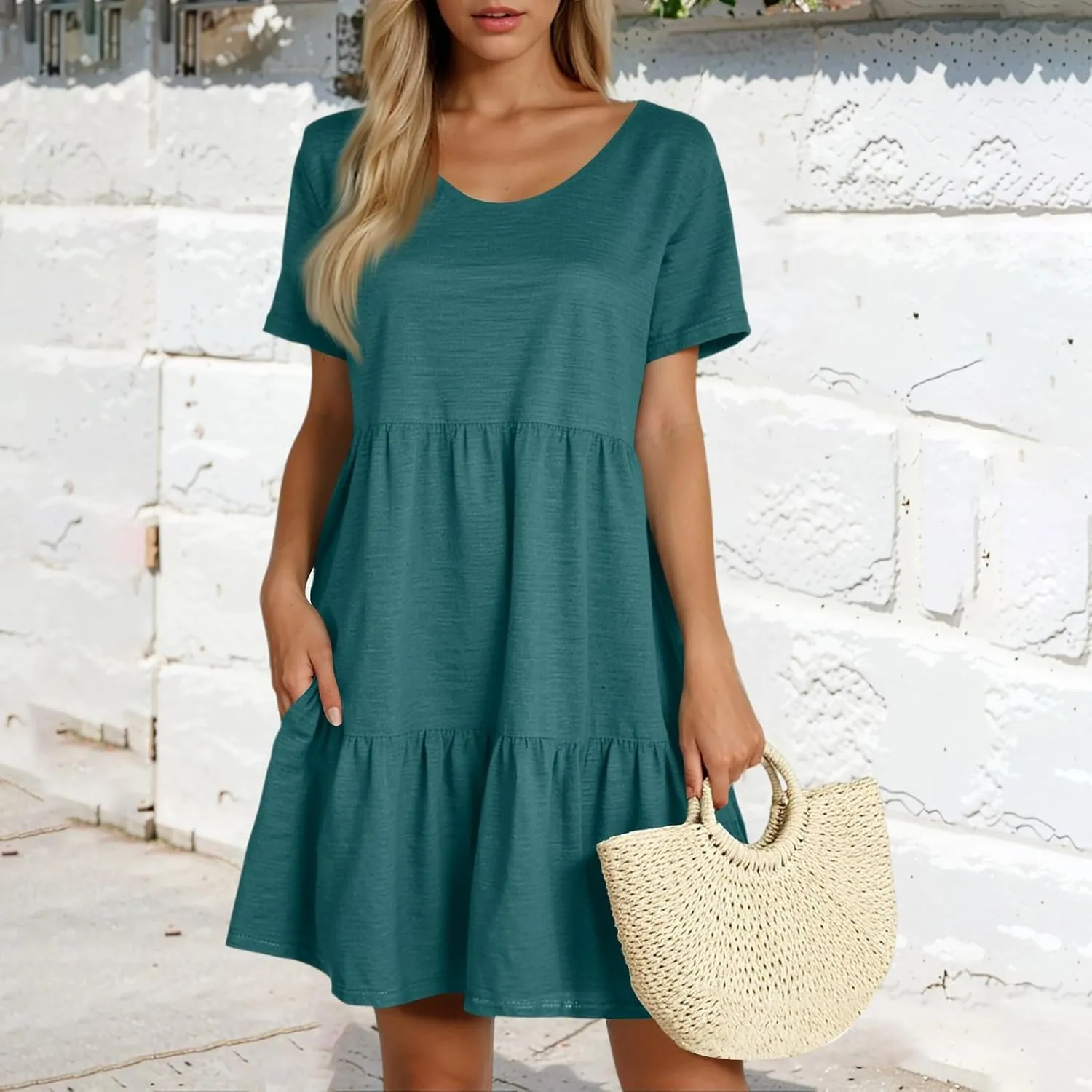 Women's 2025 Casual Loose Plain Midi Sundress Beach Vacation Short Sleeve Summer Beach Tiered Party Dresses
