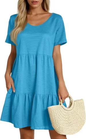 Women's 2025 Casual Loose Plain Midi Sundress Beach Vacation Short Sleeve Summer Beach Tiered Party Dresses