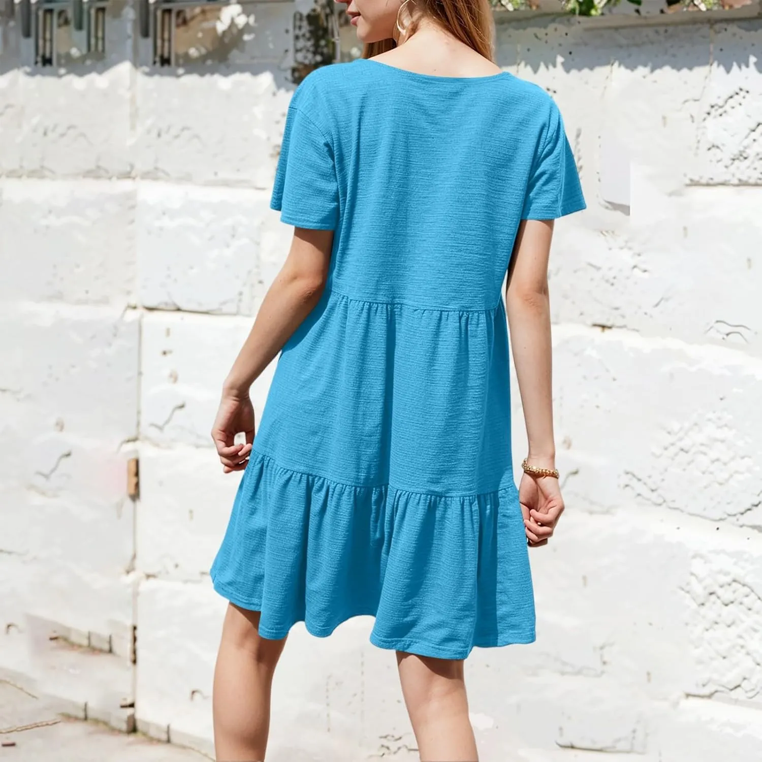 Women's 2025 Casual Loose Plain Midi Sundress Beach Vacation Short Sleeve Summer Beach Tiered Party Dresses