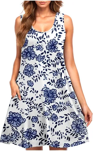 Womens Beach Dresses Trendy Swimsuit Cover Ups Sleeveless Vacation Dresses Floral Swing Mini Dress Flowy Dresses