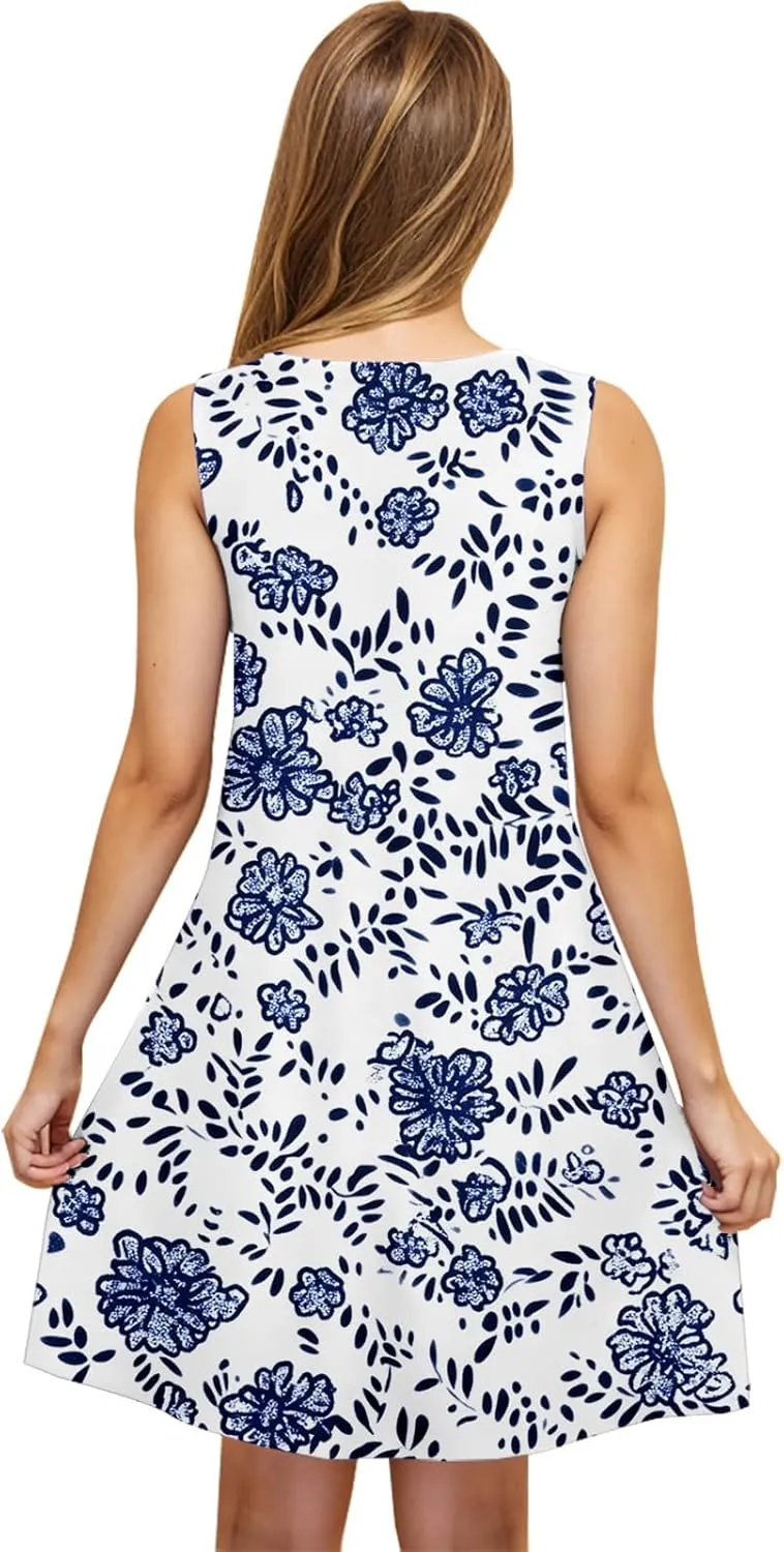 Womens Beach Dresses Trendy Swimsuit Cover Ups Sleeveless Vacation Dresses Floral Swing Mini Dress Flowy Dresses