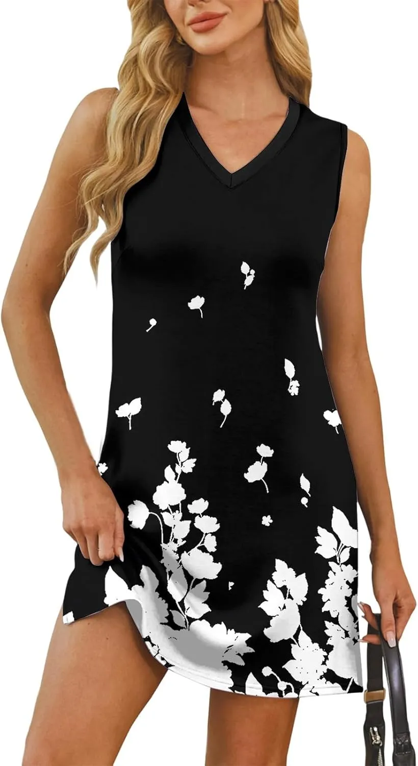 Women's Bohemian Sleeveless V-Neck Floral Print Summer Dress Casual Loose Fit Beach Sundress with Pockets