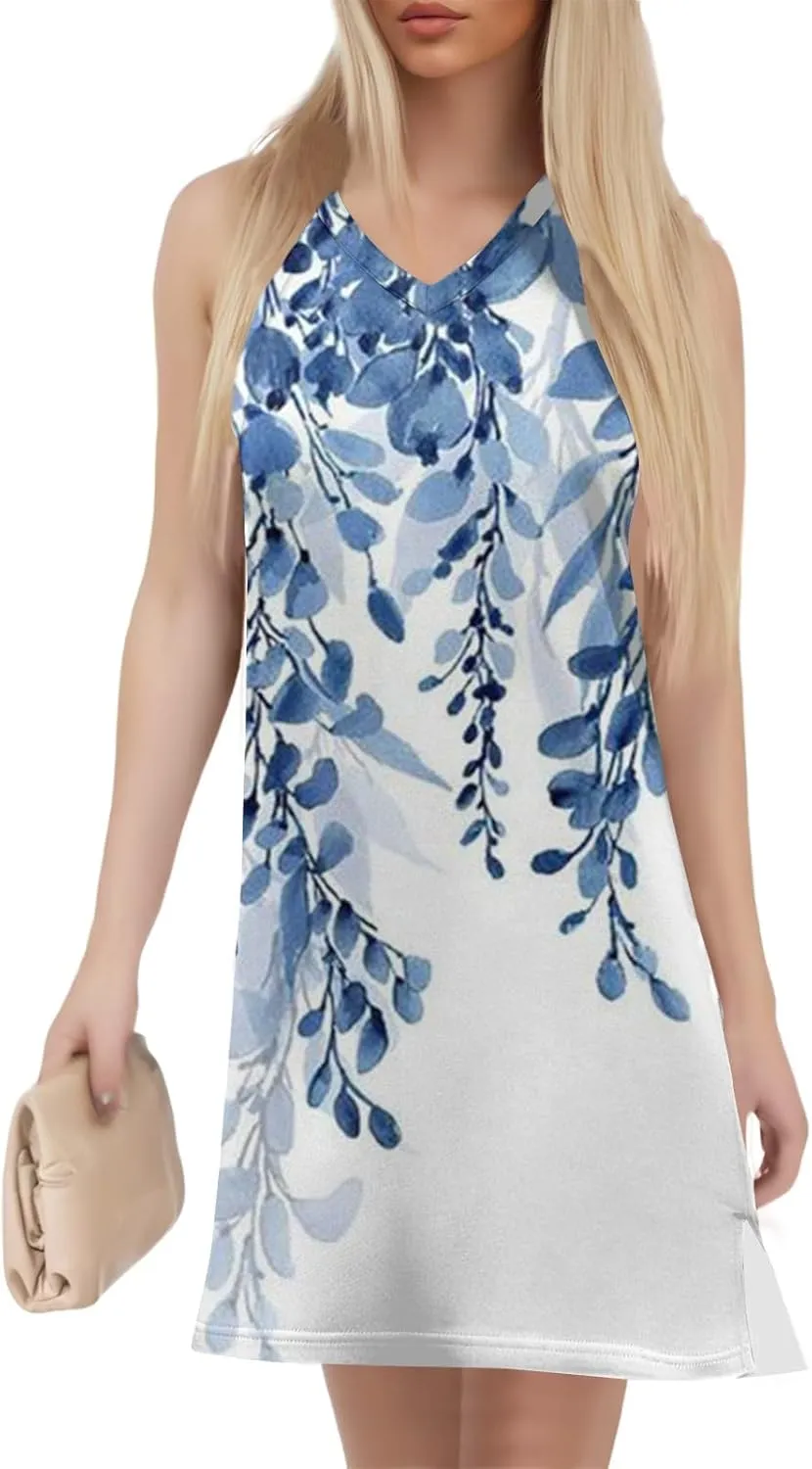 Women's Bohemian Sleeveless V-Neck Floral Print Summer Dress Casual Loose Fit Beach Sundress with Pockets