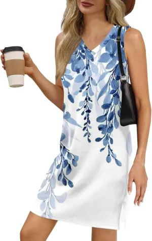 Women's Bohemian Sleeveless V-Neck Floral Print Summer Dress Casual Loose Fit Beach Sundress with Pockets