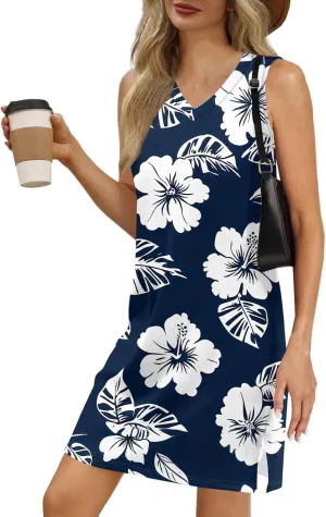 Women's Bohemian Sleeveless V-Neck Floral Print Summer Dress Casual Loose Fit Beach Sundress with Pockets