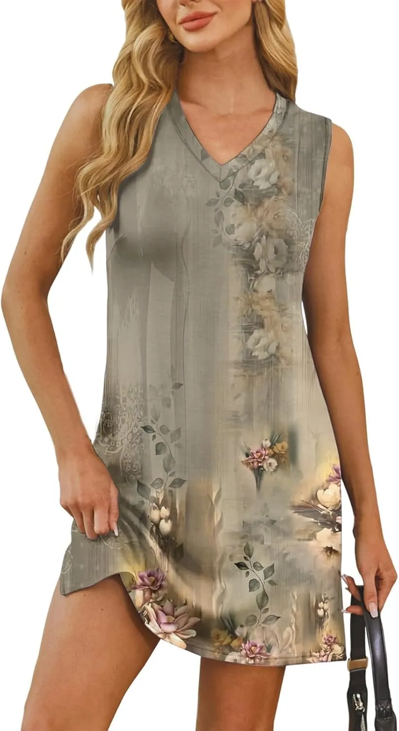 Women's Bohemian Sleeveless V-Neck Floral Print Summer Dress Casual Loose Fit Beach Sundress with Pockets