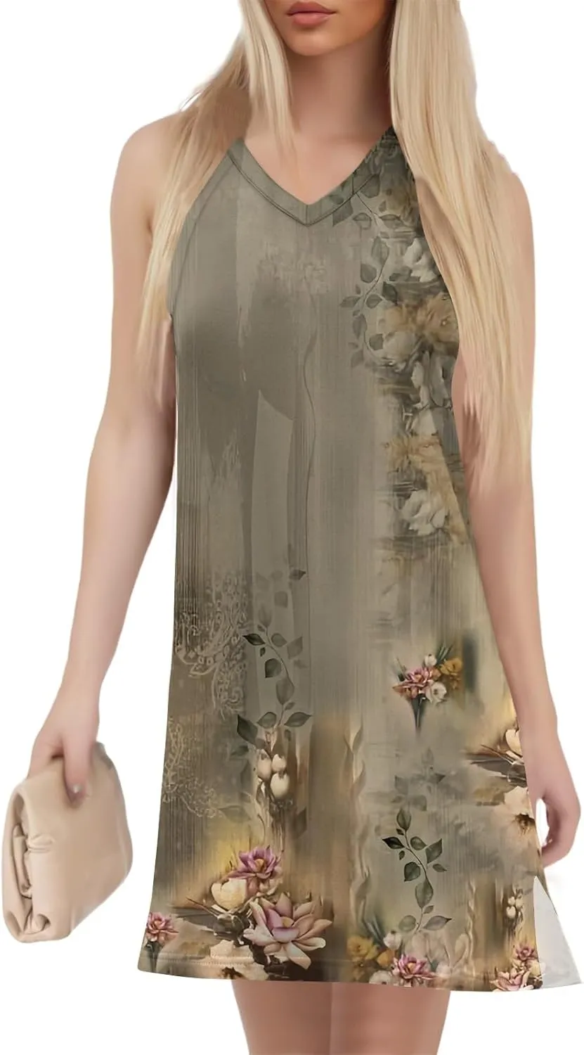 Women's Bohemian Sleeveless V-Neck Floral Print Summer Dress Casual Loose Fit Beach Sundress with Pockets
