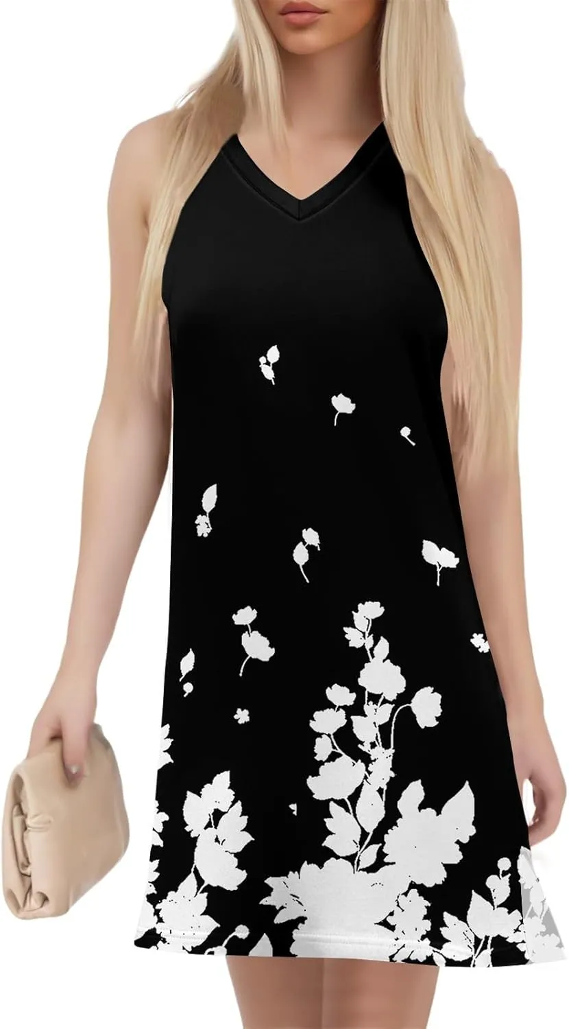 Women's Bohemian Sleeveless V-Neck Floral Print Summer Dress Casual Loose Fit Beach Sundress with Pockets