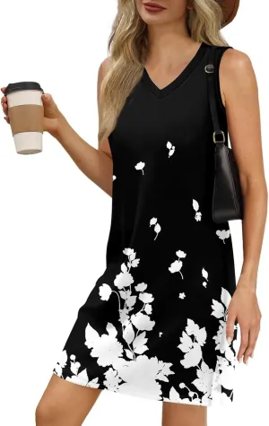 Women's Bohemian Sleeveless V-Neck Floral Print Summer Dress Casual Loose Fit Beach Sundress with Pockets